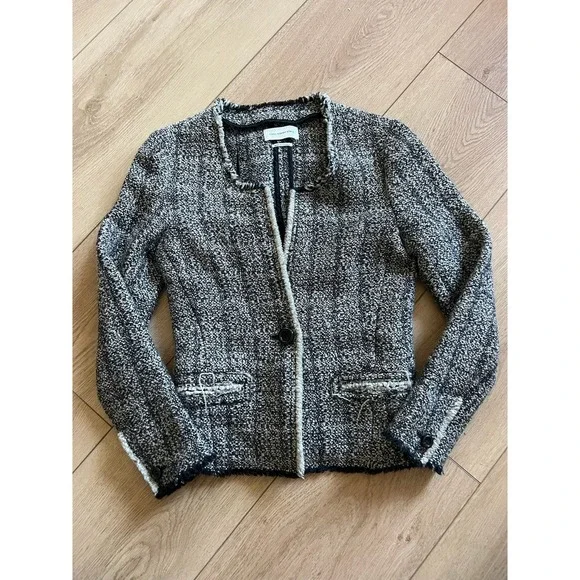 ISABEL MARANT ETOILE Tweed Blazer Jacket Black White Fringe Trim Women Size 36 - Picture 3 of 9